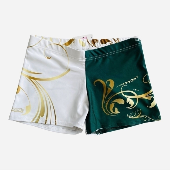 New Mee Sports Custom Made Sportswear Green White Gold Women’s Athletic Shorts - Picture 3 of 5